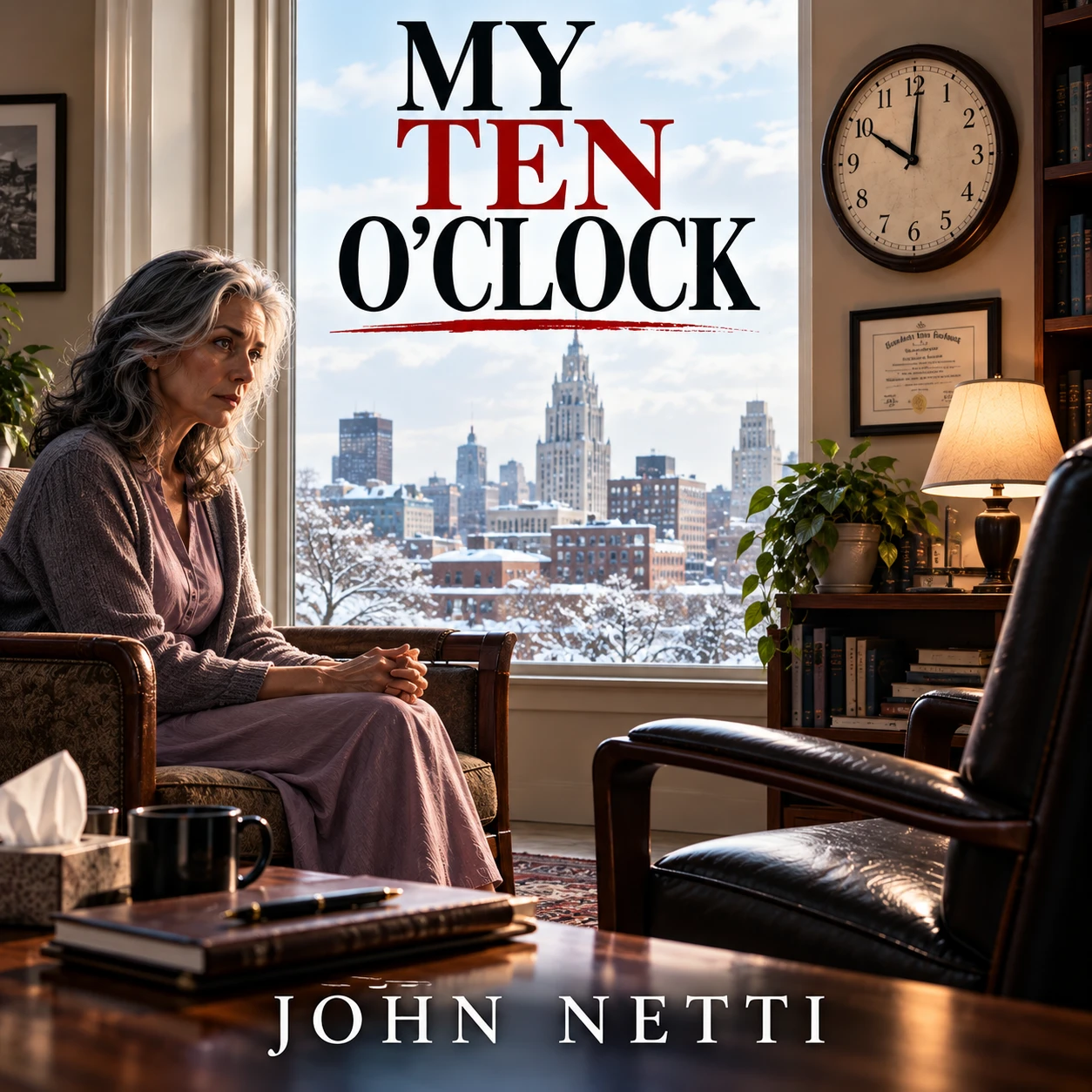 My Ten O’Clock by John Netti — a woman sits in a counselor's office beside a window onto a snowy city, a wall clock reading ten o'clock